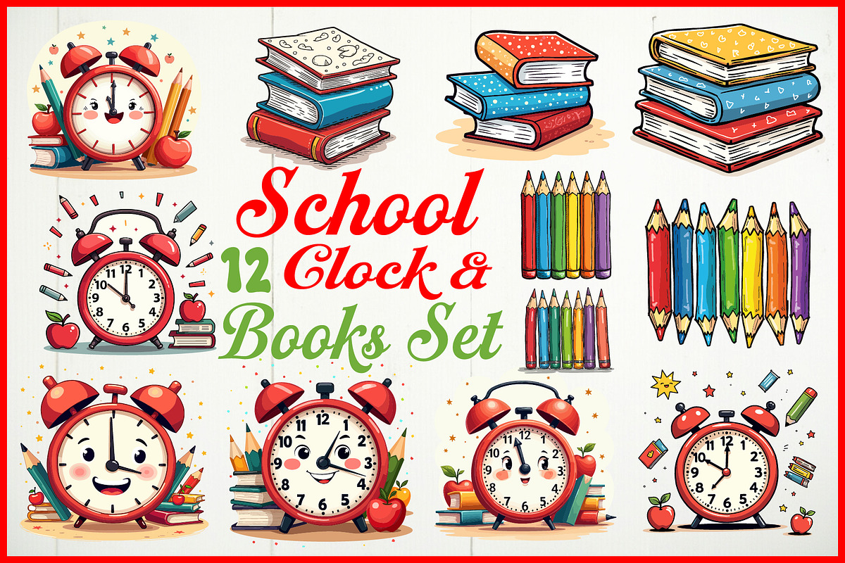 School Clock & Books Set, an Object Graphic by yasushie (Photo 1 of 13)