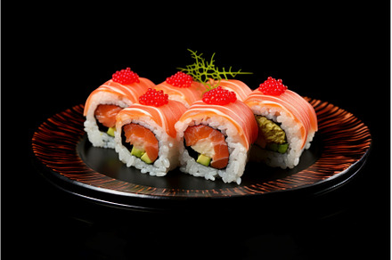 Delicious sushi served on red plate, a Food & Drink Photo by Ylivdesign
