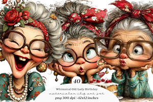 Whimsical old lady birthday clipart, an Illustration by SinaCreation