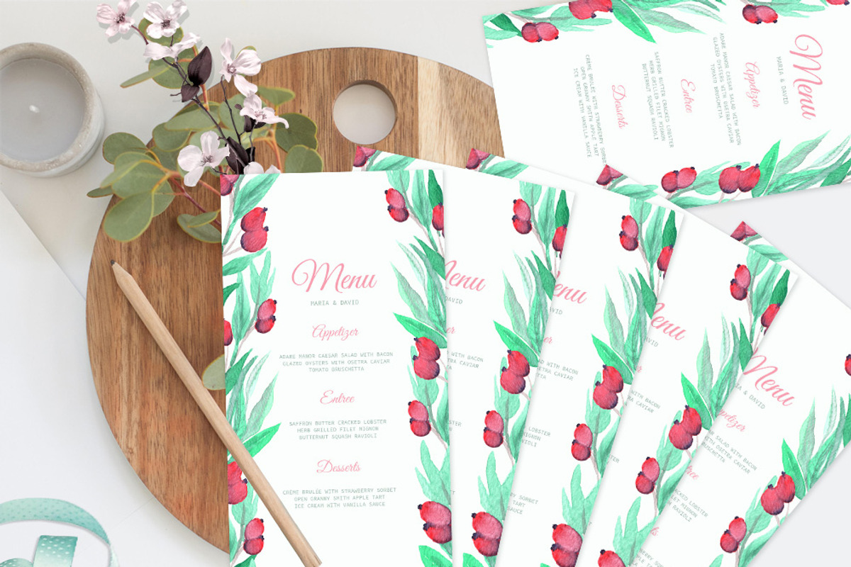 Rosehip Berry Watercolor Wedding Set, an Invitation Template by Love Design (Photo 5 of 12)