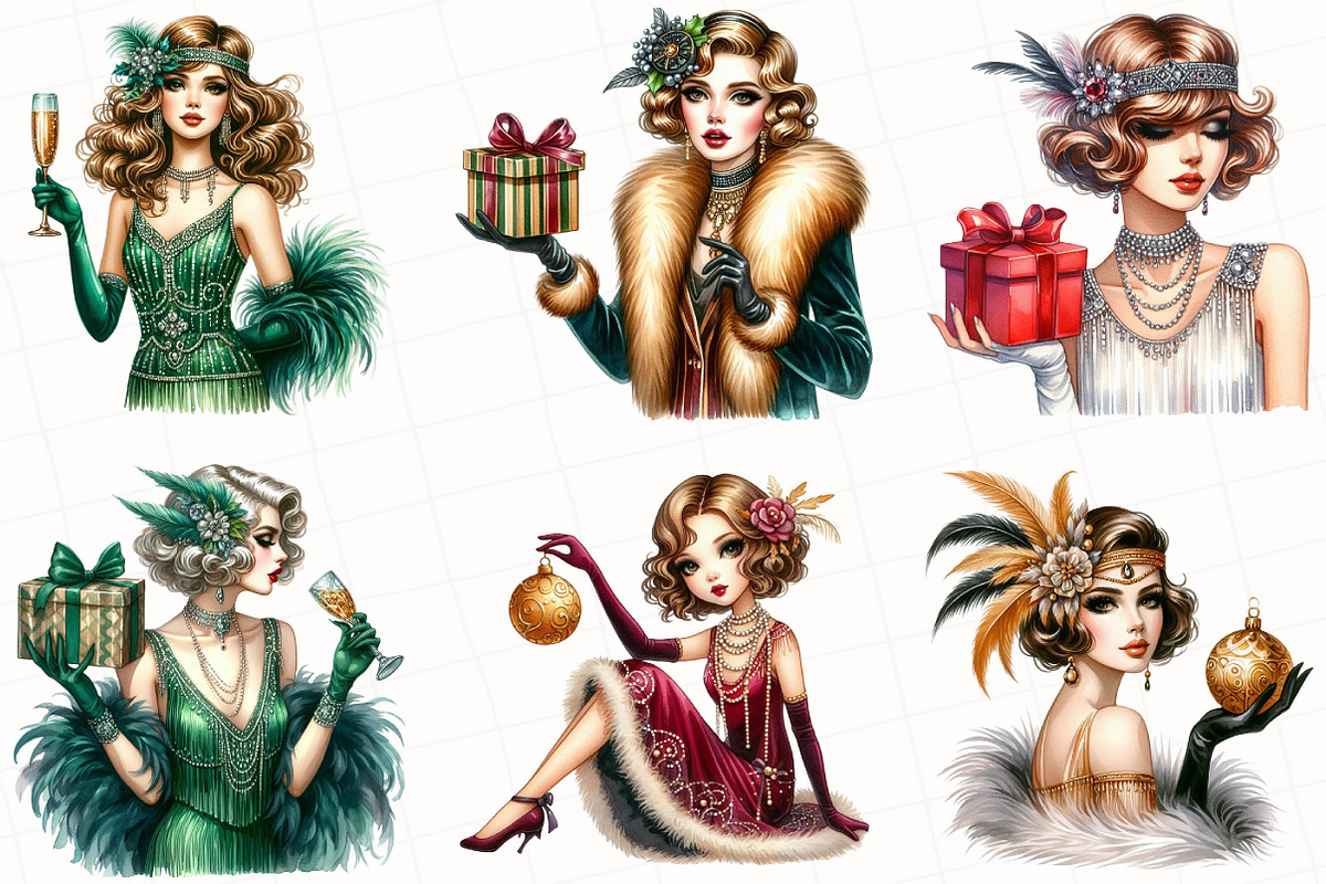 1920 Coquette Christmas Girl Clipart, an Illustration by OK Design (Photo 3 of 5)