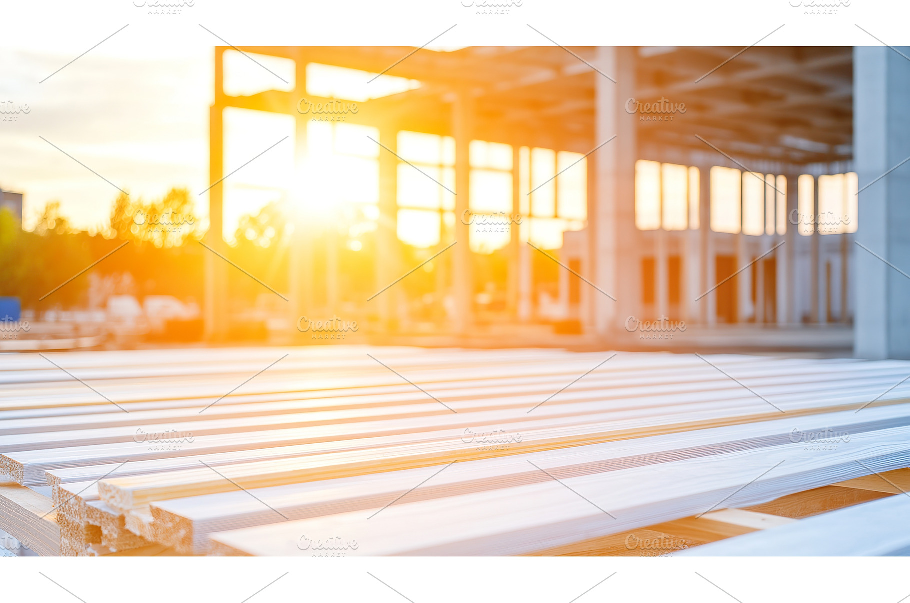Sunlit construction site with stacks, an Industrial Photo by Lermont51