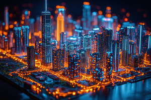 Illuminated cityscape model showcasi, a Photo by Tanuart
