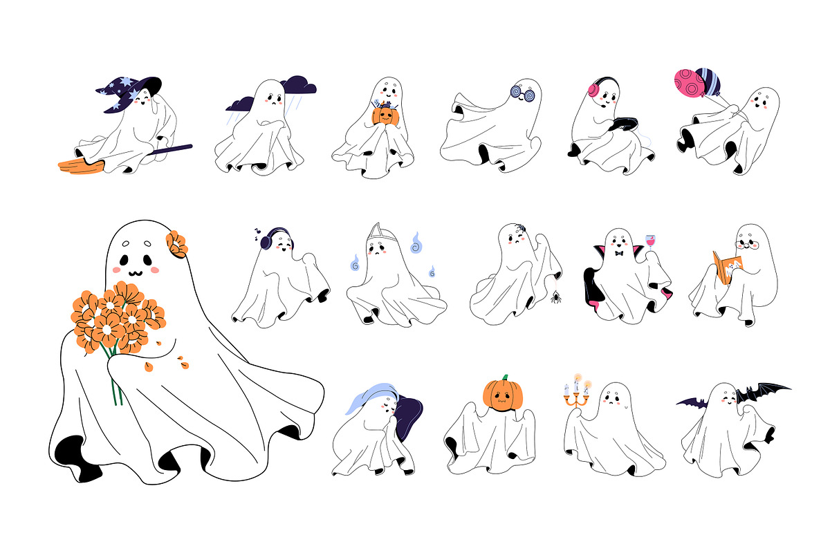 Halloween ghosts set + templates, a Seasonal Illustration by PaperTrident (Photo 2 of 9)