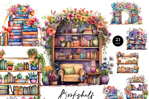 Watercolor Bookshelf Clipart Bundle