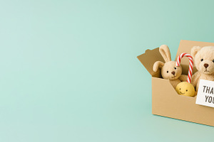 Gift box with teddy bear, toy bunny,, a Photo by Dvoevnore photos