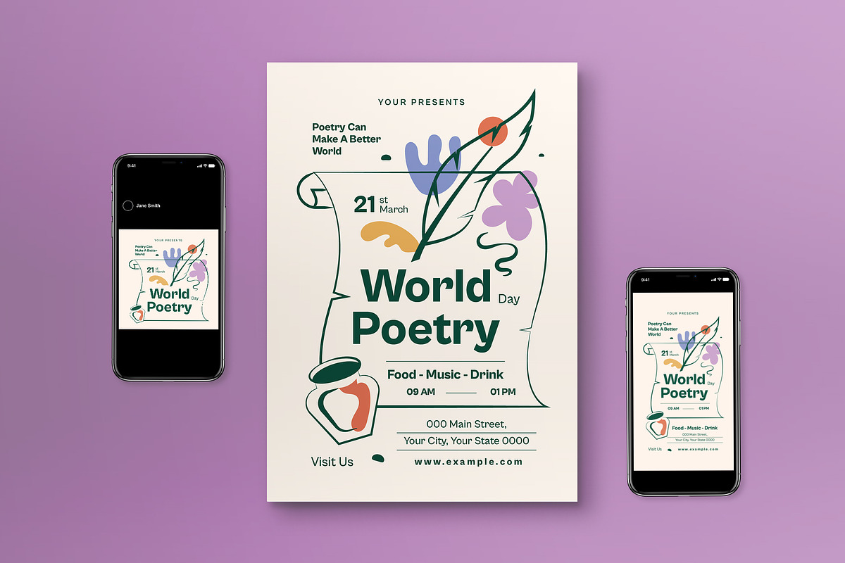 Boho World Poetry Day Flyer Set, a Flyer Template by graphicook (Photo 1 of 3)