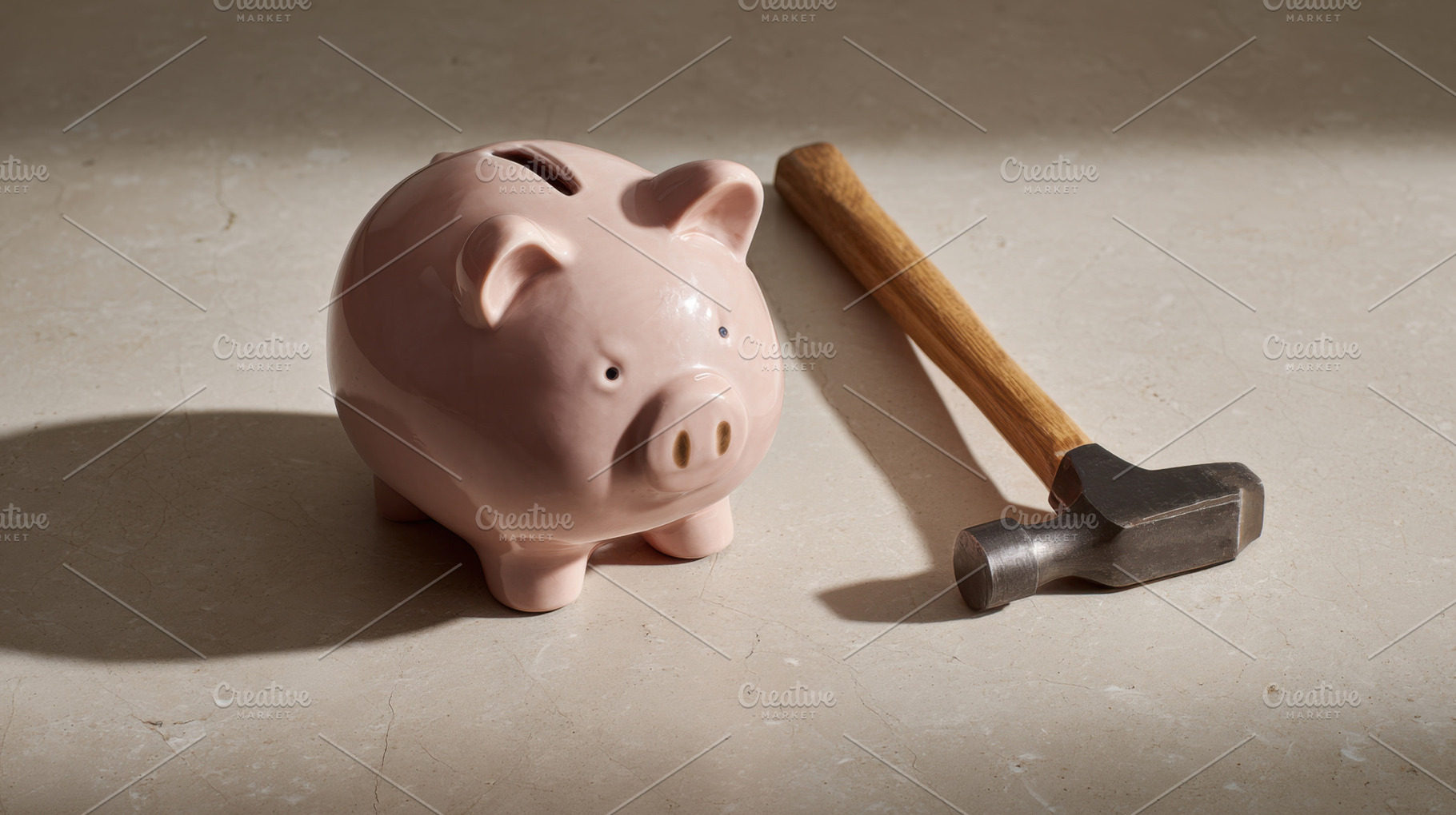 Piggy bank and hammer on a table, a Photo by Beautiful things