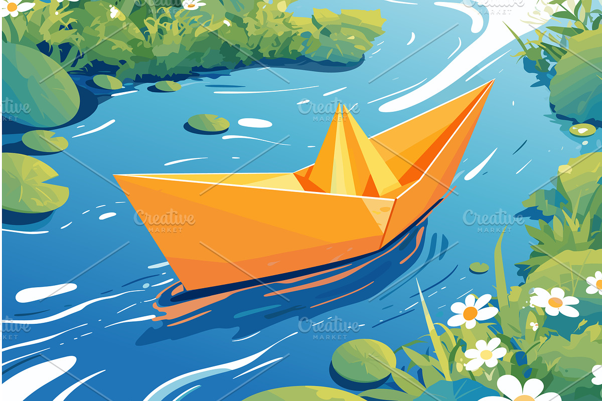 Cartoon paper boat floating on a, a Transportation Illustration by LadadikArt