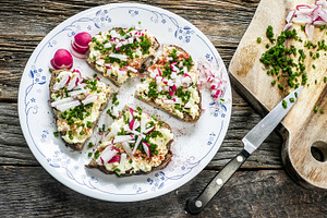 Egg salad open sandwiches with radis, a Food & Drink Photo by 1miromiro