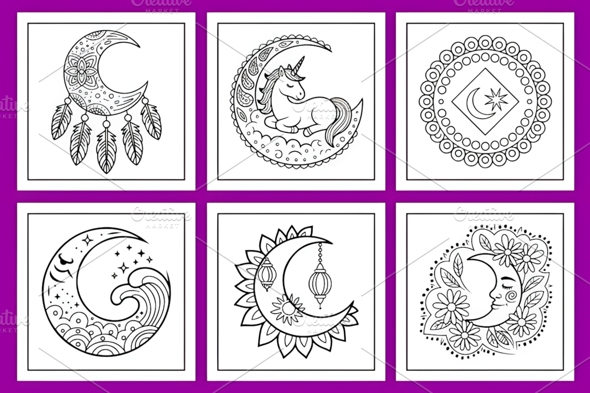 Boho Chic Moon Coloring Pages, a Decorative Illustration by Design Station (Photo 2 of 4)