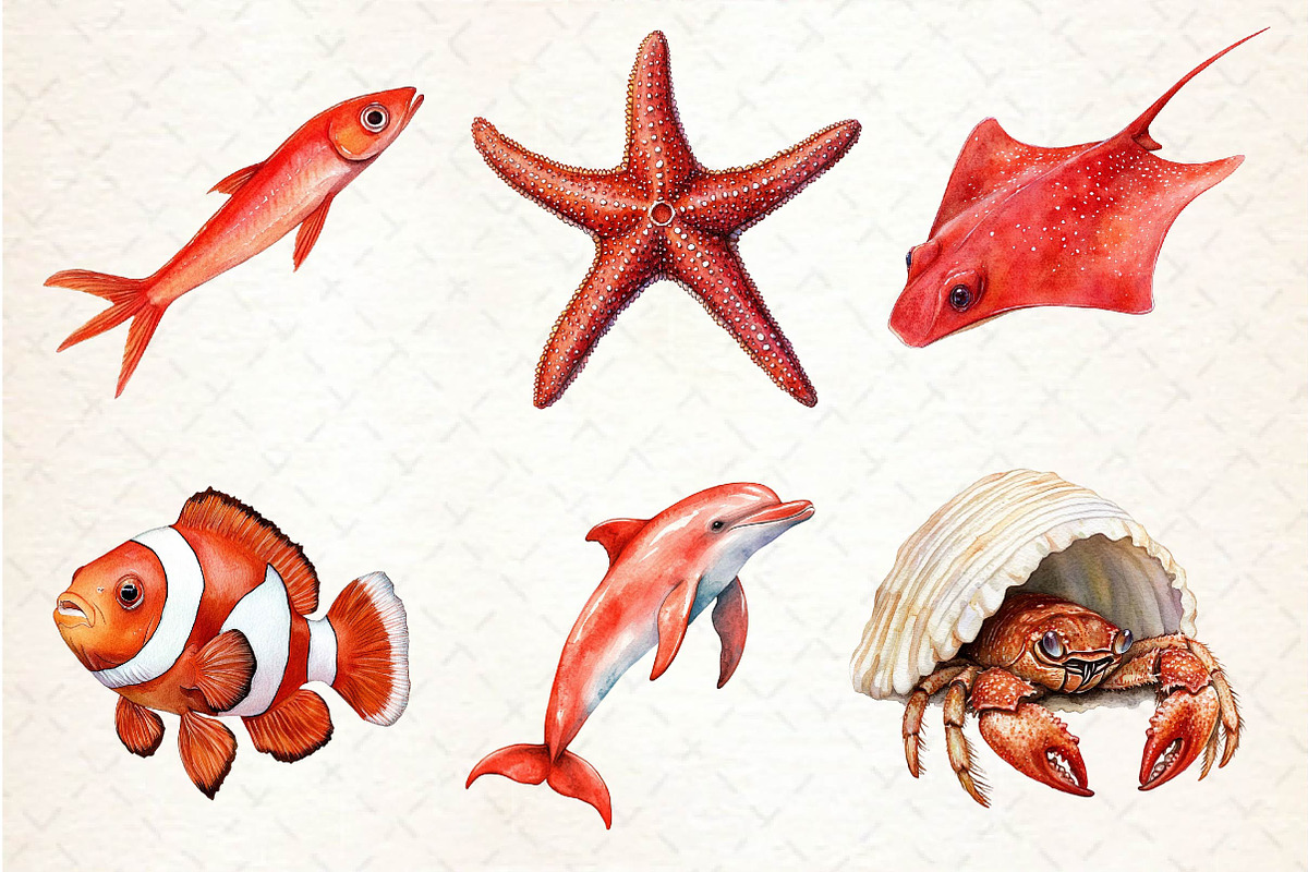 Red Ocean Animals Clipart, an Illustration by Dream Creation (Photo 3 of 6)