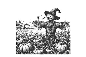 spooky scarecrow in pumpkin field, an Illustration by AlexArt