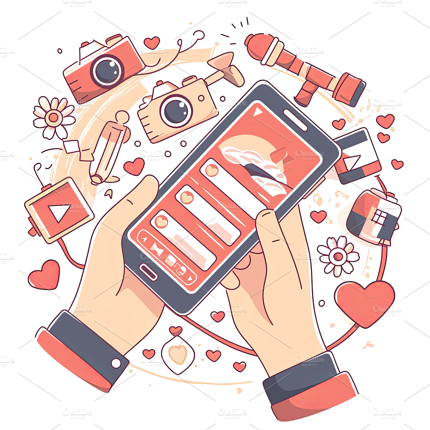 Hands holding smartphone surrounded by digital media icons and vibrant elements, a Photo by AS photostudio