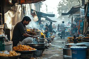 Vibrant day at an Indian outdoor market with bustling food stalls and local ven, a Photo by AlyaAnd