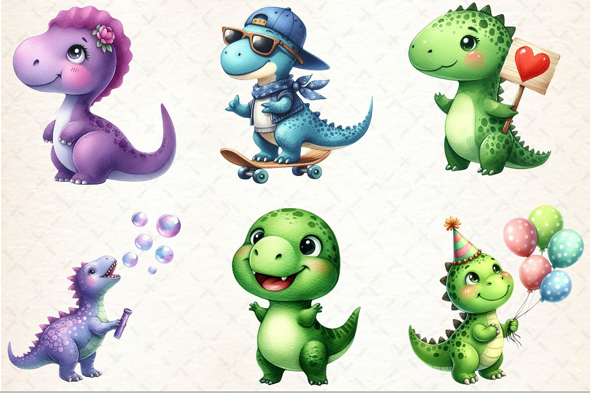 Watercolor Dinosaur Clipart, an Illustration by Rose Art (Photo 3 of 8)