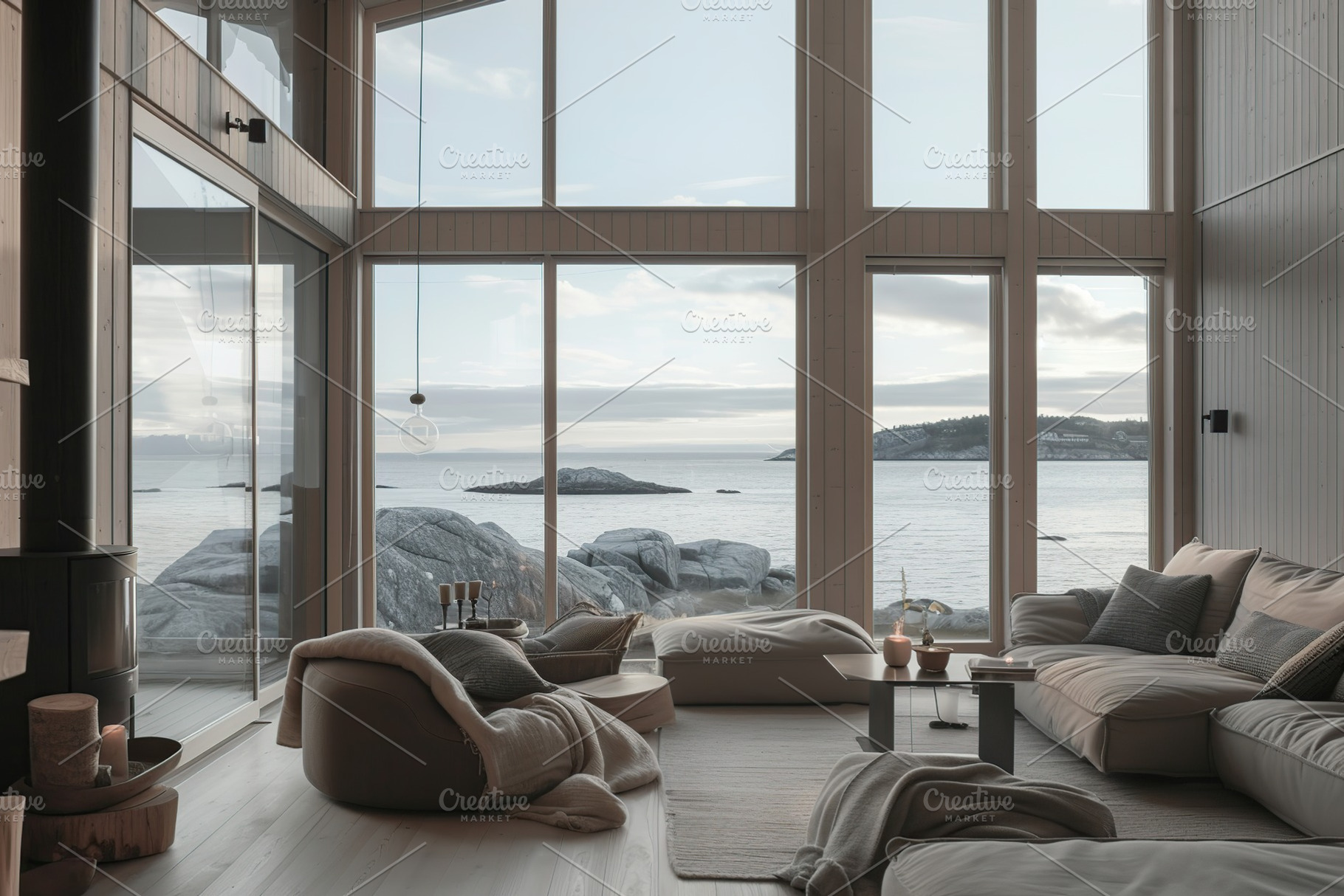 Modern living room with couch overlooking on ocean. Scandinavian interior, a Beauty & Fashion Photo by AlyaAnd