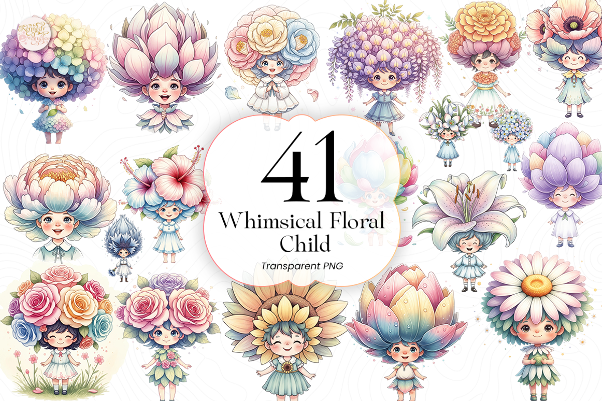 Whimsical Floral Child PNG Clipart., an Object Illustration by KennedyStudio (Photo 1 of 5)