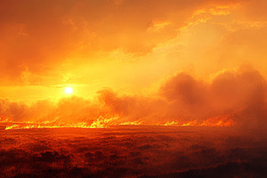 Intense Wildfire Spreading Across Burning Landscape at Sunset, an Abstract Photo by Natalia Klenova's Shop