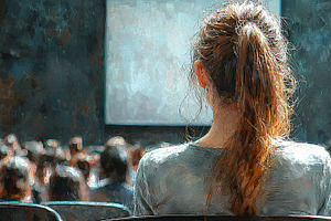 Young woman in audience watching a presentation or event on a large screen, a Photo by AS photostudio