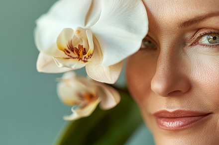 Elegant Mature Woman with Orchid Flower and Radiant Skin