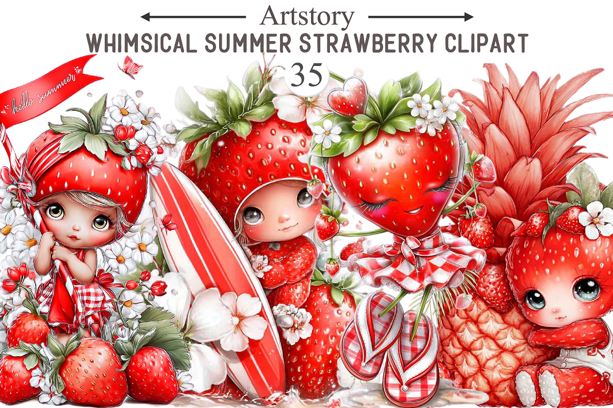 Whimsical Summer Strawberry Clipart, an Illustration by designcity5 (Photo 1 of 5)