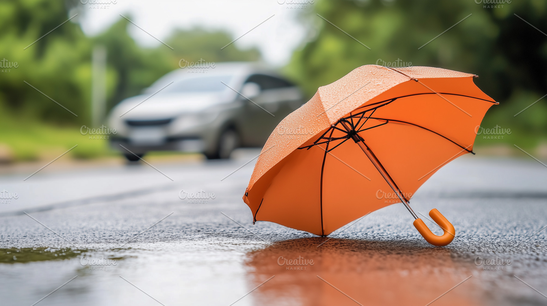 Orange umbrella on a wet road, a Transportation Photo by MistyDay