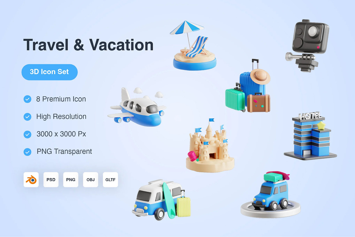 Travel & Vacation 3D Icons Set, an Object 3D Model by Kmg Design (Photo 1 of 2)