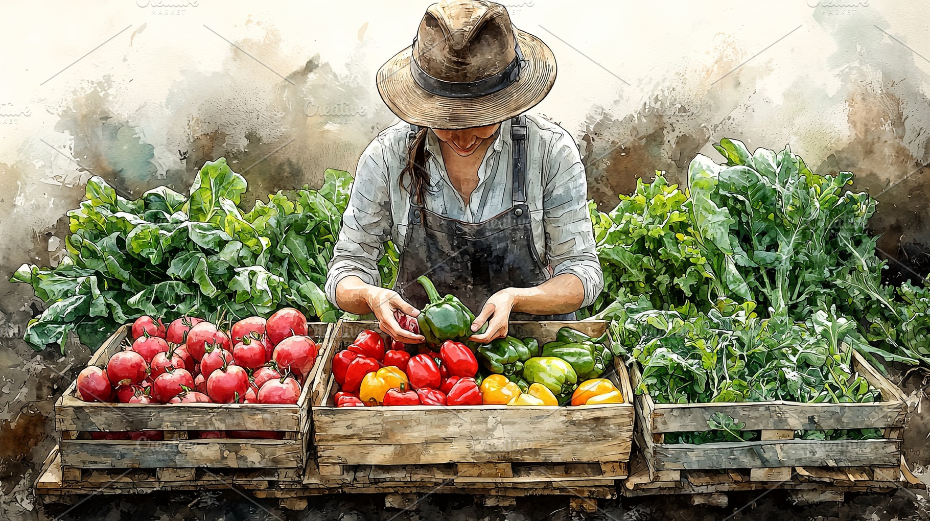 Farmer arranging fresh vegetables at a market stall, a Photo by AS photostudio
