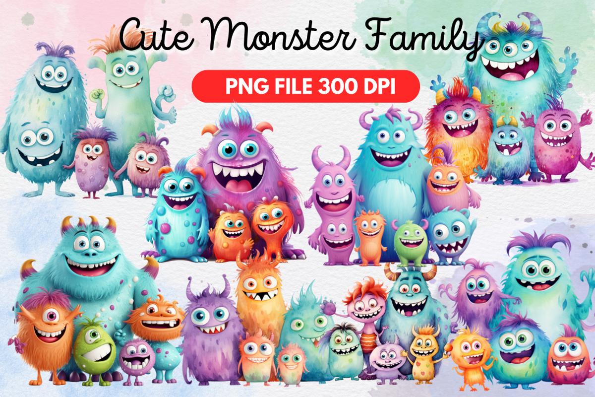 Cute Monster Family Watercolor Clipa, an Object Graphic by Regulrcrative (Photo 1 of 11)