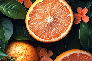 Fresh citrus fruits and vibrant flowers arranged on dark green leaves in a natu, a Food & Drink Photo by AlyaAnd
