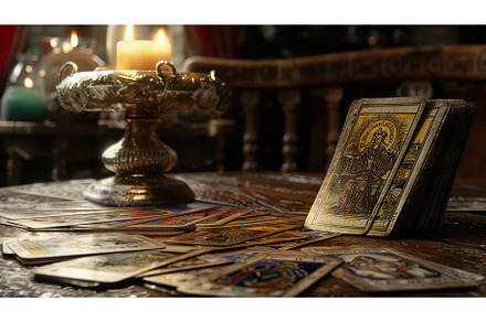 Tarot cards scattered on ornate, an Architecture Photo by Lermont51
