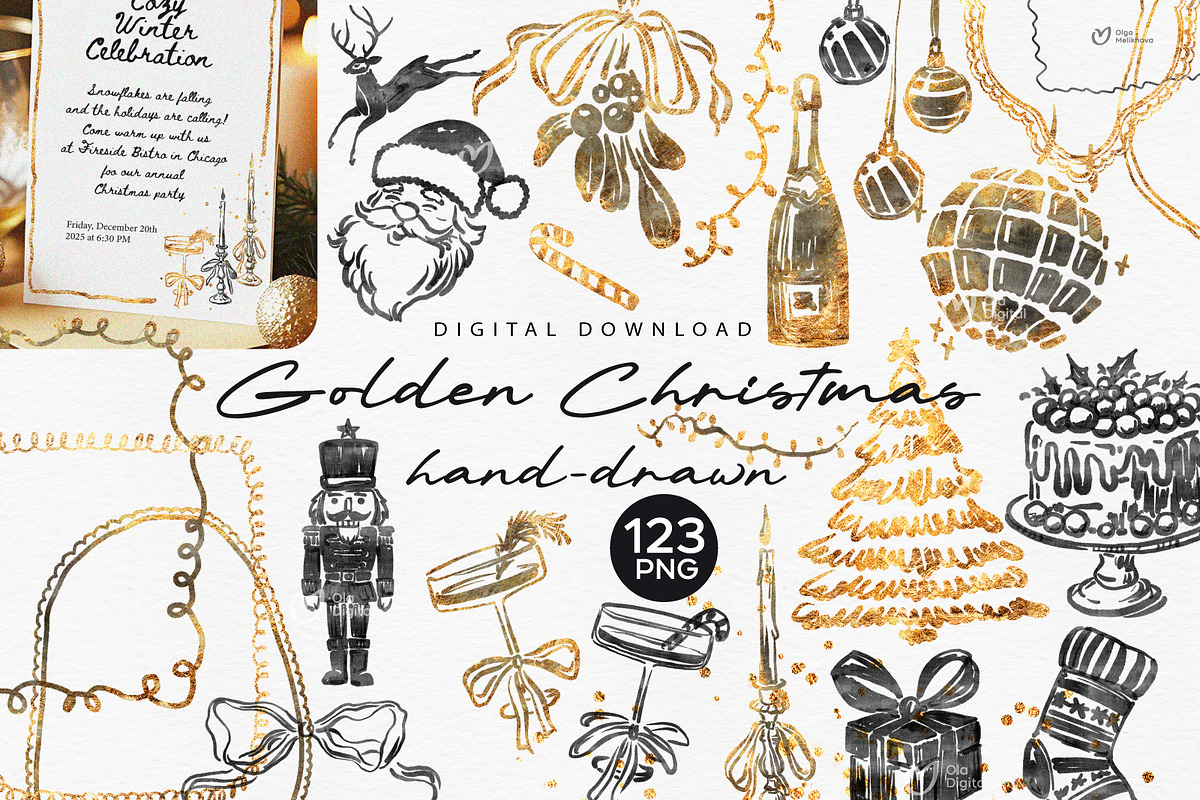 Vintage Golden Christmas Bundle PNG, a Graphic by ollalya (Photo 1 of 9)