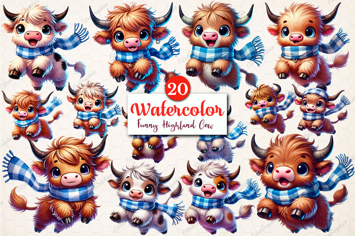 Funny Highland Cow Clipart, an Illustration by CitraGraphics (Photo 1 of 6)