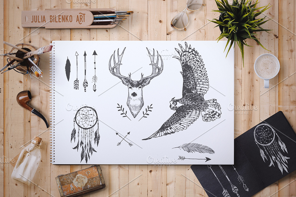 Set of hipster vintage illustration, an Illustration by Julia Bilenko