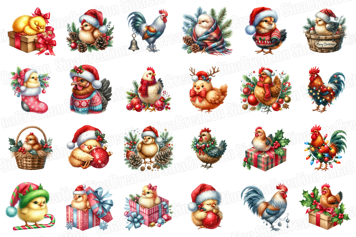 Christmas Chicken Watercolor Clipart, an Illustration by SinaCreation (Photo 2 of 7)