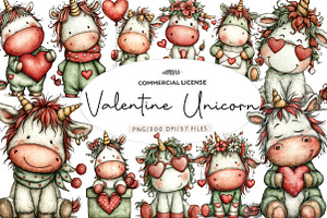 Whimsical Valentine Unicorn Clipart, an Illustration by CreationArt