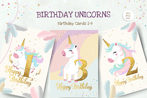 Unicorn Party Cards. Happy Birthday, an Illustration by Hanna's ArtLab