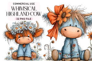 Whimsical Highland Cow Clipart, a Seasonal Illustration by Daily.Designs