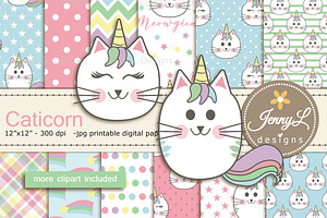 Caticorn Cat Digital Paper & Clipart, a Pattern Graphic by JennyL Designs