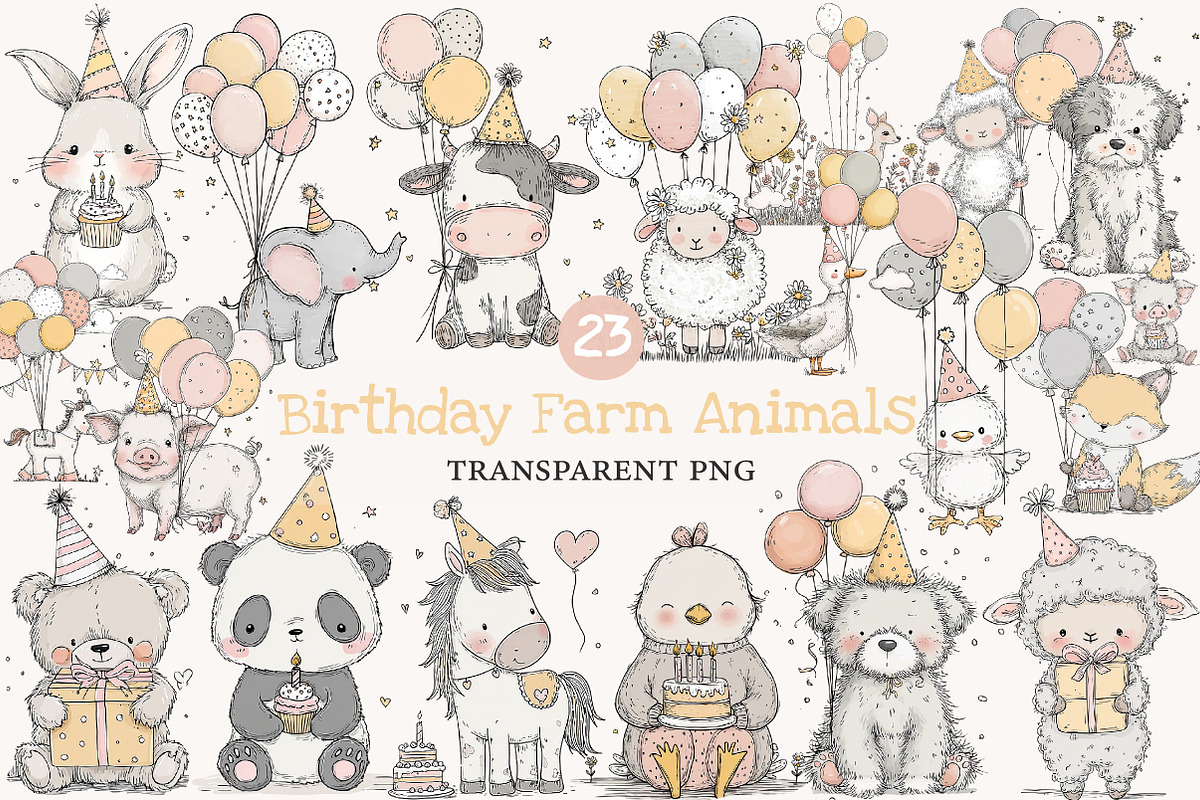 Whimsical Birthday Farm Animals PNG, an Animal Illustration by Designworld (Photo 1 of 9)