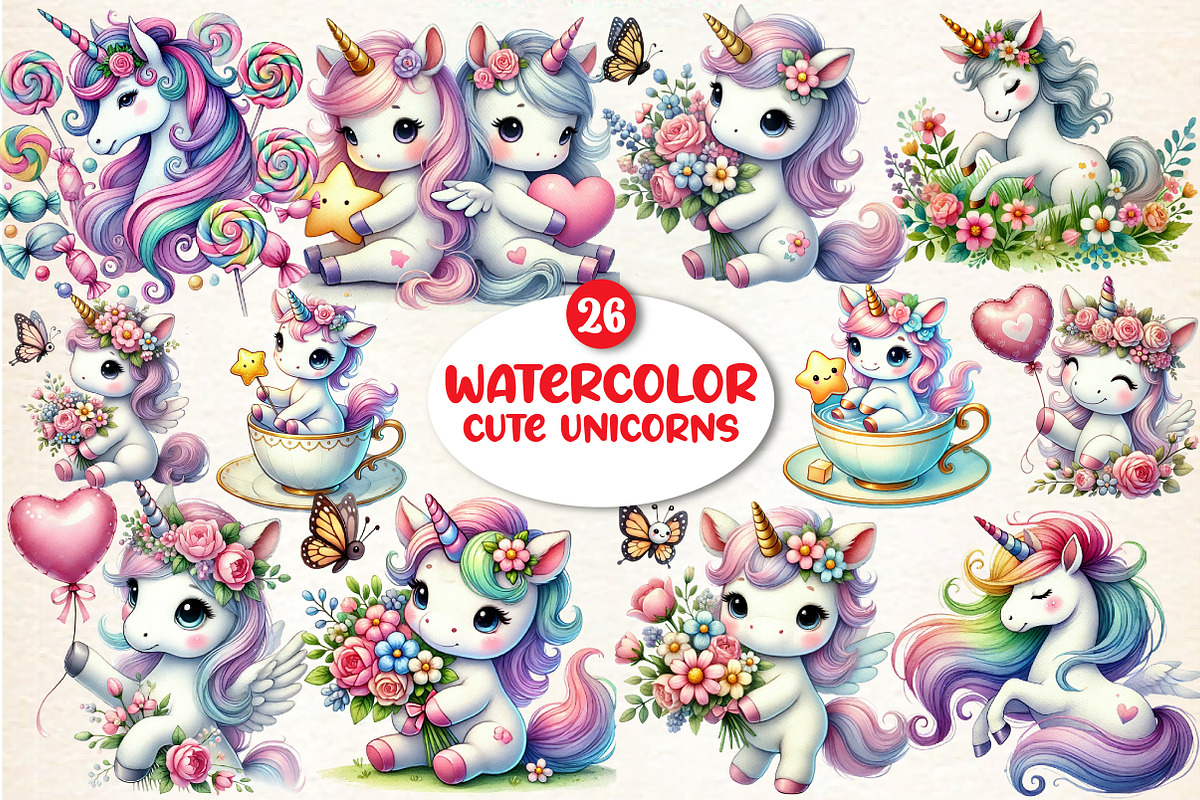Unicorn Clipart, Cute Unicorns, a Seasonal Illustration by DreamArtGraphic (Photo 1 of 5)