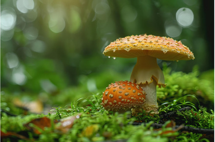 Two fly agaric mushrooms growing on, a Nature Photo by Ylivdesign