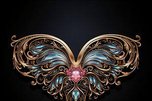 An Ornate Butterfly Design Featuring Intricate Gold And Blue Patterns, With A C