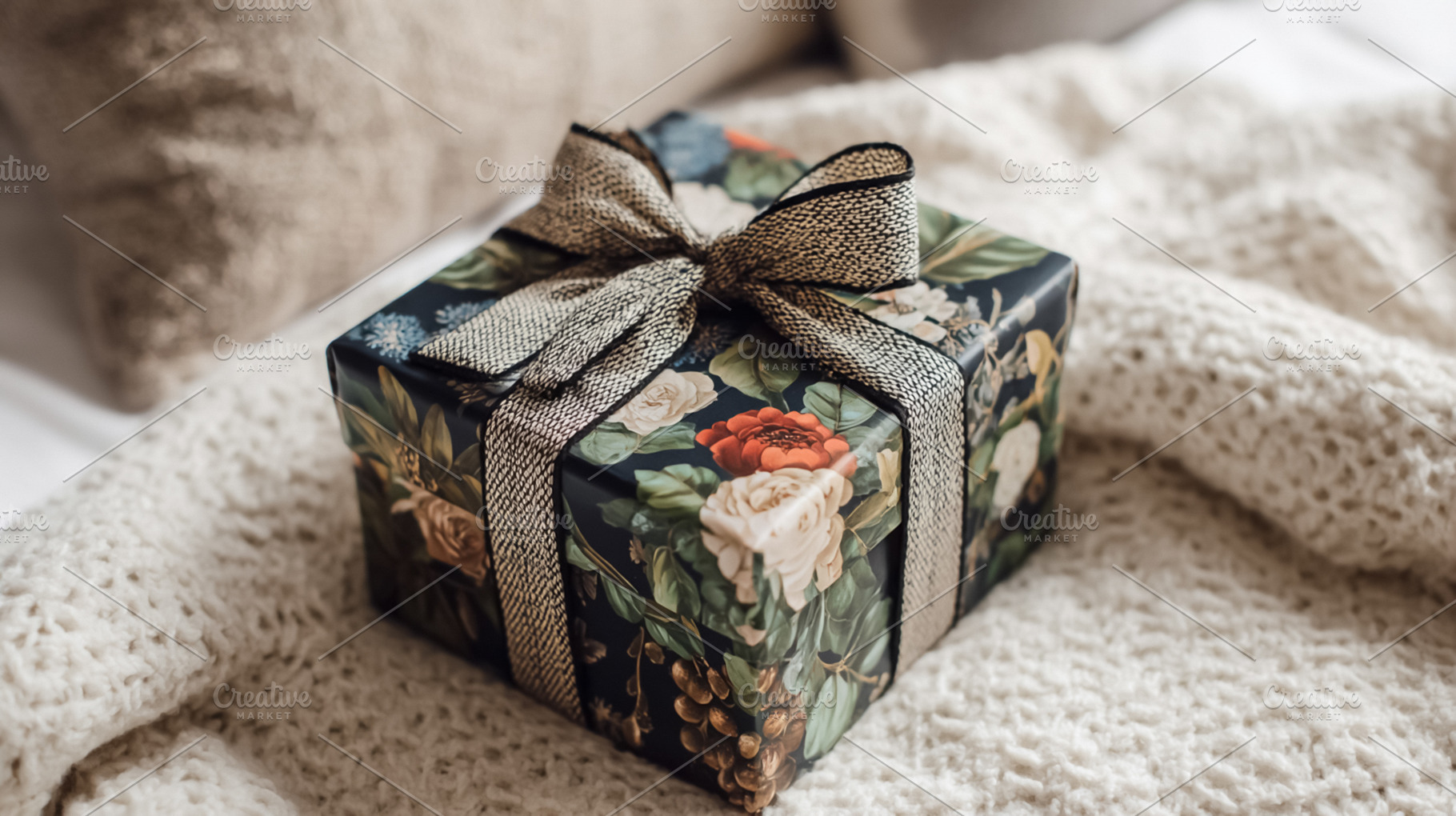 Stylish gift box with floral pattern and textured bow resting on, a Photo by Studio ANNA