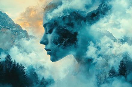 Woman's profile blended with mountai, a Background Photo by Pixeness