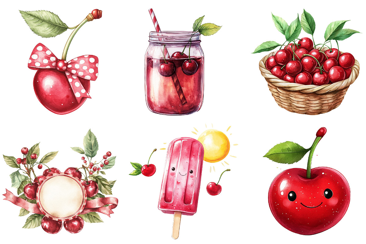 Cherry Fruit Clipart, Berries Cherry, an Illustration by Watercolor design (Photo 5 of 5)