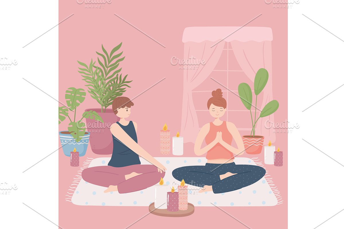 couple doing yoga at home, an Object Illustration by studiogstock