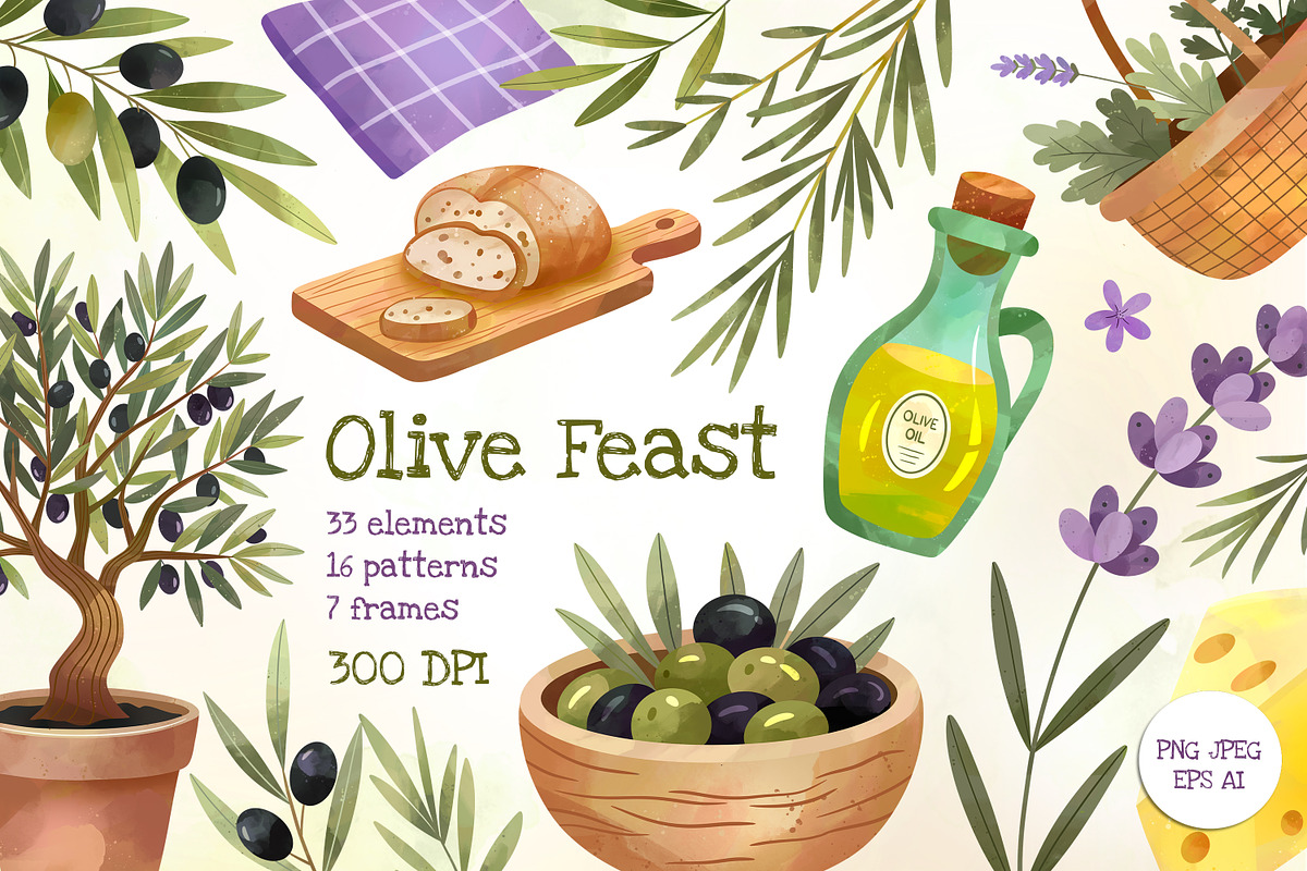 Watercolor Olives, Herbs and Food, an Illustration by Hanna's ArtLab (Photo 1 of 7)