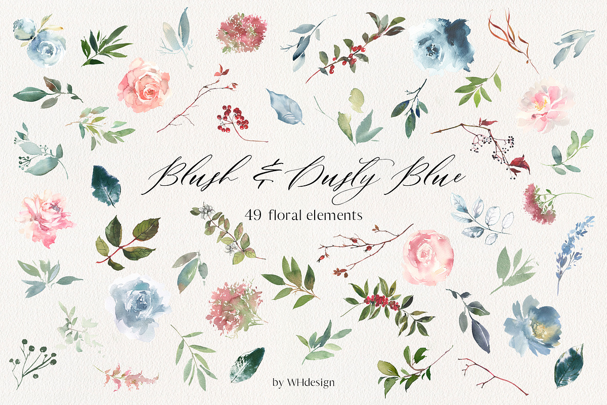 Blush & Dusty Blue Floral Clipart, a Decorative Illustration by whiteheartdesign (Photo 8 of 11)